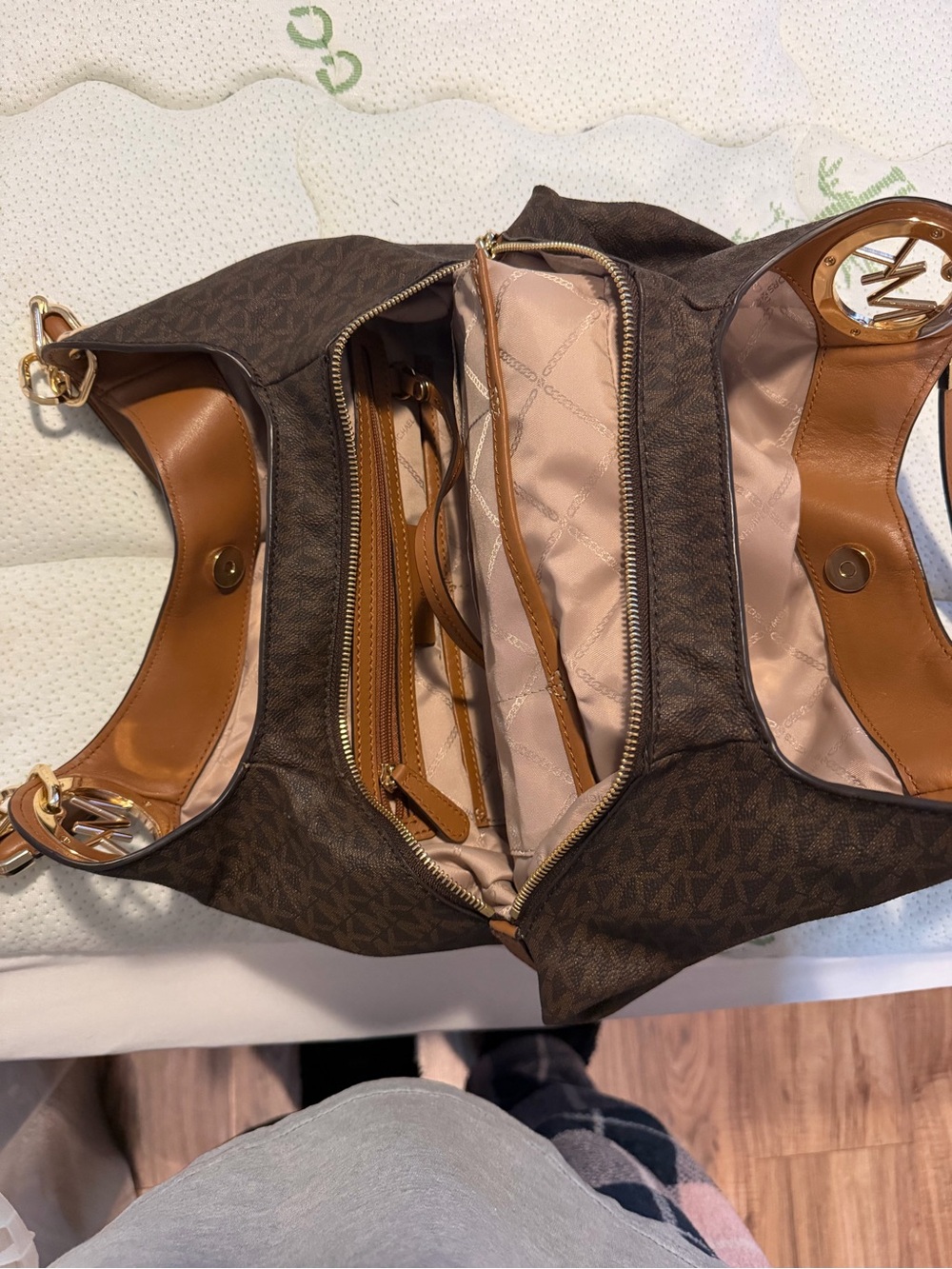 Michael Kors Brown and Tan Double-Zip Shoulder Bag with Logo Charm